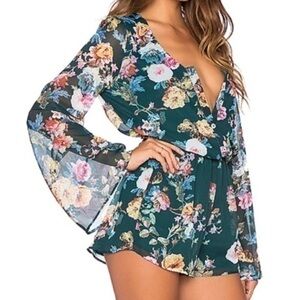Show Me Your MuMu Floral Romper - Green and Multicolor
